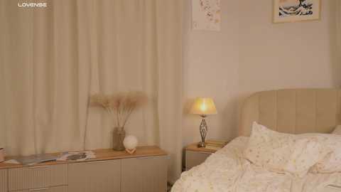 Media: Video of a cozy bedroom with beige walls, cream curtains, a beige headboard, white duvet, a wooden nightstand with a lamp, and decorative dried flowers.