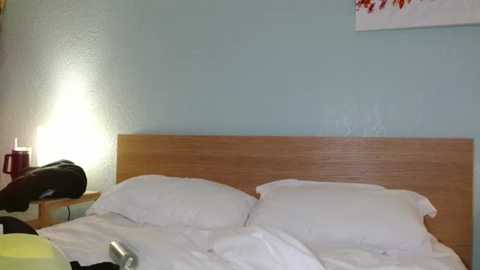 Media: Video of a minimalist bedroom with a light wooden headboard, white pillows, and a neatly made bed. Light blue walls and a single white lamp on the left. A partially visible red object and a white pillow are visible in the foreground.