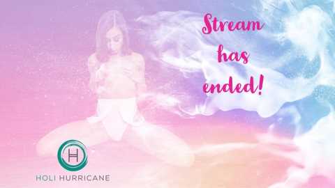 Media: A digital illustration featuring a nude woman in a yoga pose against a pastel gradient sky with clouds. Text reads, \"Stream has ended!\" in pink. Logo and name \"Holini\" in the bottom left.