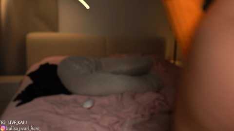 Media: Video of a person lying on a bed with pink and gray blankets, blurry background, warm lighting, watermark in the bottom left.