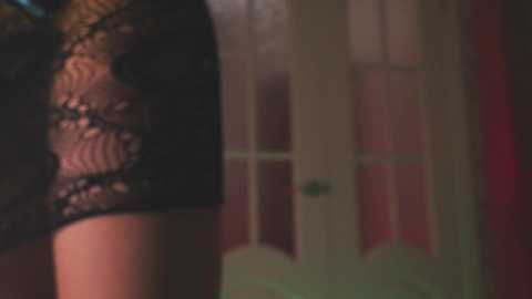 Media: A close-up video of a woman's leg, showing a black lace-patterned stocking with intricate floral designs. The background features a blurred, dimly lit room with a window and red curtains.