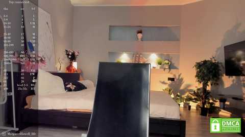 Media: Video of a modern bedroom with a black leather chair in the foreground, a bed with white linens, a potted plant, and a flat-screen TV on the right wall.