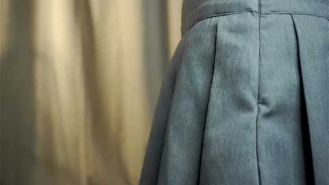 Media: A close-up video of a woman's grey pleated skirt, showcasing its smooth texture and subtle sheen, against a blurred, neutral-toned background. The skirt's hemline is visible, emphasizing its tailored, professional appearance.