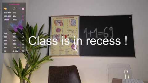 Media: Video of a classroom wall with a colorful anatomy chart and a blackboard with equations. A potted plant and a brown chair are visible in the foreground. Text overlay: \"Class is in recess!\