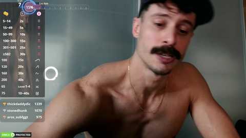 Media: Video of a shirtless man with a mustache, wearing a black cap, in a bathroom with a digital scale display and a blurred background.