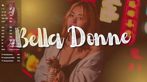 Media: Video of a sultry Asian woman with long, wavy brown hair, wearing a black top, holding a cigarette, surrounded by neon signs in a dimly lit bar. Text overlay reads \"Belly Dancer\".