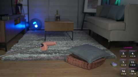 Media: Video of a modern living room with a wooden floor, a cream sofa, a blue cushion, and a pink gun on the carpet.