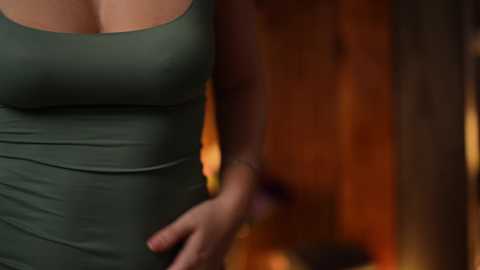 Media: A video of a woman's upper torso in a tight, olive-green dress, showcasing her large breasts. The background is a warm, wooden cabin interior with a fireplace.