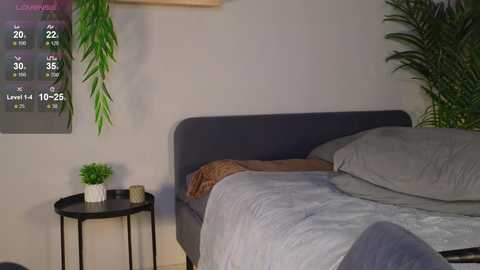 Media: Video of a minimalist, modern bedroom with a grey bed, grey throw blanket, brown pillow, and potted plants on a small, round black table. Calendar and green plants on the wall.