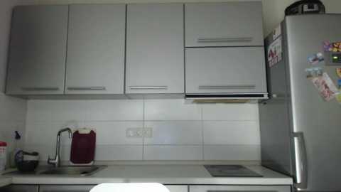 Media: Video of a modern kitchen with gray cabinets, white tiled backsplash, stainless steel sink, and refrigerator adorned with colorful magnets, showcasing a minimalist and clean design.