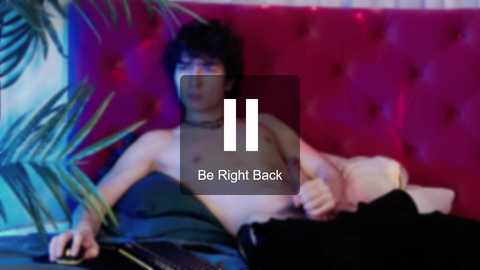 Media: A blurry, color video of a shirtless, dark-haired young man with glasses, lying on a bed with a red tufted headboard. He holds a remote control. The background includes a plant and a digital \"Be Right Back\" overlay.