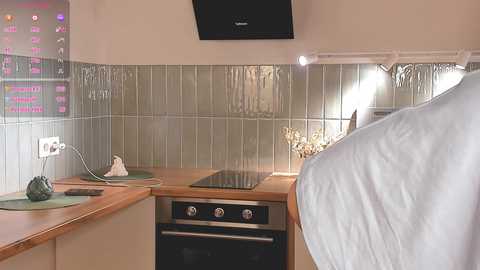 Media: Video of a modern, compact kitchen with a wooden countertop, stainless steel appliances, a tiled backsplash, and a white bed frame partially visible in the background.