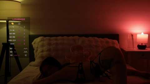 Media: Video of a dimly lit bedroom with a person lying face down on a bed, illuminated by a red lamp on a nightstand.