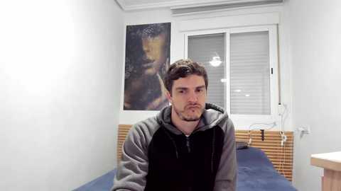 Media: Video of a young man with short dark hair and a beard, wearing a gray hoodie, sitting on a blue mattress in a small, sparsely decorated room with a white wall, window, and abstract painting.