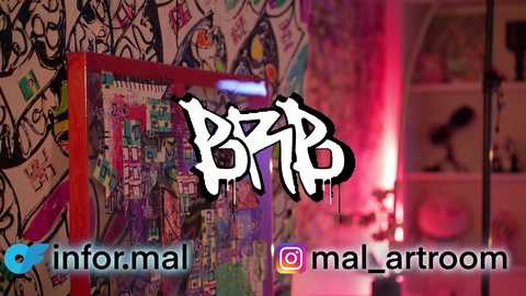 Media: Video of a colorful, graffiti-covered wall with a red-framed canvas art piece, featuring bold, white Japanese kanji characters. Background includes a dimly-lit room with a pink neon light and a blurred white shelf. Social media icons and text: \"info@malartroom.com\" at the bottom.