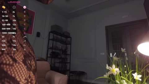 Media: A video of a dimly lit living room with a person in a brown patterned jacket, a black bookshelf, and a bouquet of white flowers on the right.