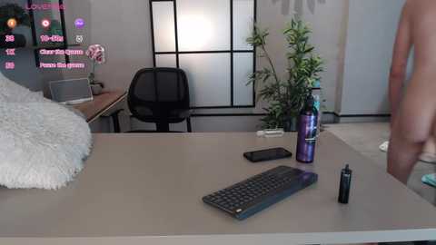 Media: Video of a modern, minimalist bedroom with a beige desk, black chair, potted plant, and two phones; a fluffy white blanket, and a woman's bare back partially visible.