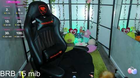 Media: Video of a modern gaming setup featuring a black Razer gaming chair, plush toys, and a colorful room with hanging green lights.