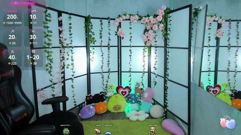 Media: A video of a whimsical room adorned with pastel balloons, plush toys, and a heart-shaped mirror, featuring a gamer's chair and a pink screen overlay.