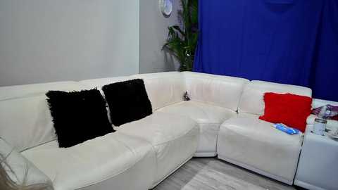 Media: A video of a modern, L-shaped white leather sectional sofa with two black and one red cushion, against a light gray wall, a blue backdrop, and a potted plant.