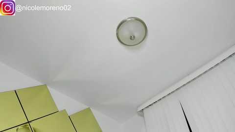 Media: A video of a modern, minimalist room with a white ceiling and a circular, frosted glass light fixture. The walls feature a mix of green and white tiles. The room has a clean, contemporary design.