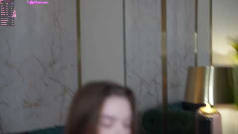 Media: A blurry video of a young woman with long brown hair, possibly Asian, standing in a dimly lit room with a marble-patterned wall, a lamp, and a green plant.