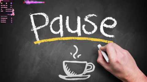 Media: A video of a hand drawing the word \"Pause\" on a blackboard with a yellow ruler, beneath a coffee cup illustration. The background includes a Twitch streamer's chat and a purple notification icon.