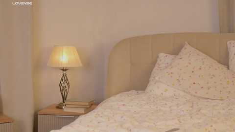 Media: Video of a cozy bedroom with a beige upholstered headboard, a white bedspread with colorful floral patterns, a wooden nightstand holding a lamp with a white shade, and a small book on the side.