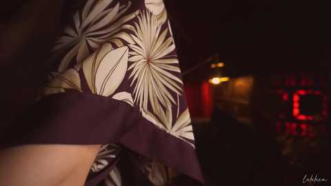 Media: A video of a person in a dark room wearing a maroon kimono with large, white, and gold floral patterns. The background is dimly lit with a red light and blurred shapes.