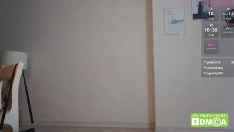 Media: A video of a minimalist room with a plain beige wall, a white floor lamp, a wooden chair, and a digital display showing project progress, with a \"DMCA\" watermark.