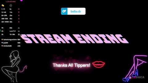 Media: A digital screenshot of a streaming platform featuring a black background, neon \"STREAM ENDING\" text, a \"thanks all tippers!\" message, and a stylized, nude female figure on the left.