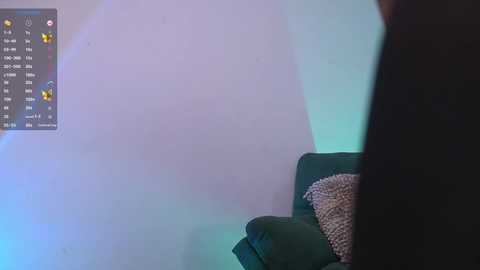 Media: A video of a dimly lit living room with a large, soft green couch and a textured beige pillow. A person, partially visible, stands in the background. The room is bathed in soft, ambient lighting with a blue hue.