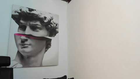 Media: Video of a white wall with a black-and-white framed art print of Michelangelo's \"David\" partially obscured by a pink curtain.