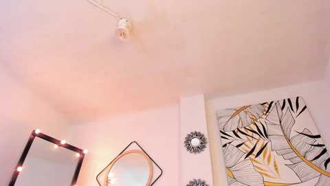 Media: Video of a minimalist, modern living room with white walls, a black and white abstract painting, a rectangular mirror with lights, and a wall-mounted circular light fixture.