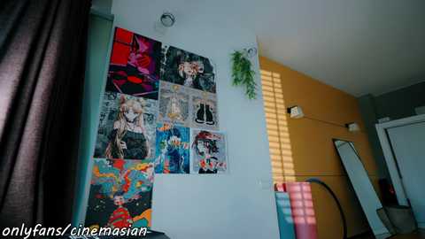 Media: Video of a colorful, eclectic bedroom with vibrant art posters, a potted plant, and a window with blinds.