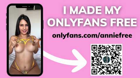 Media: Video of a young, dark-haired woman in yellow lingerie, holding a smartphone displaying her face, with text promoting OnlyFans and a QR code.