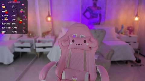 Media: A pink, furry, plush creature with long ears sits on a white chair in a dimly lit, cozy bedroom with purple accents.