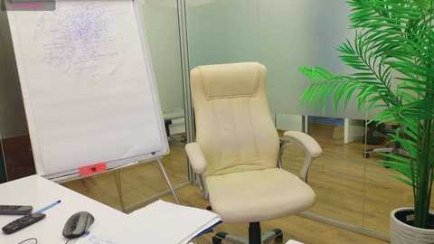 Media: A modern office scene featuring a white leather ergonomic chair, a whiteboard with handwritten notes, a green potted plant, and wooden flooring.