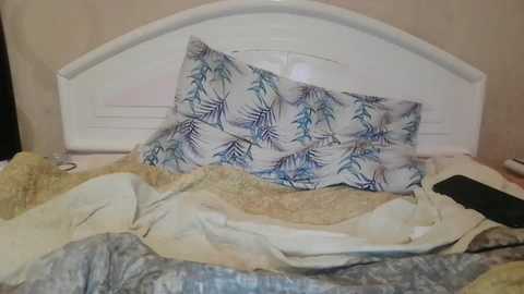 Media: Video of a messy bed with a white headboard, a blue and white leaf-patterned pillow, a beige blanket, and a black remote control on the pillow.