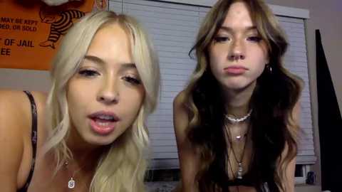 Media: Video of two young women with long hair, one blonde and one brunette, making kissing faces in front of a window with blinds.