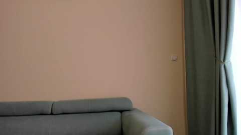 Media: A video of a minimalist living room corner featuring a light blue sectional sofa against a beige wall. To the right, a green curtain partially covers a window, casting soft light. The space is clean and uncluttered.