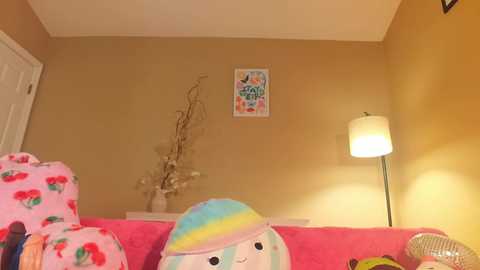 Media: Video of a cozy, pastel-themed room with a yellow wall, pink sofa, a colorful pillow, a white lamp, and a \"Be Happy\" poster.