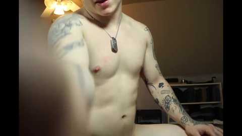 Media: Video of a shirtless, tattooed man with fair skin, wearing a dog tag necklace, seated in a dimly lit room. Background includes a lamp and shelves.