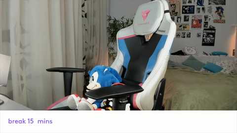 Media: Video of a gamer in a white and blue gaming chair, with Sonic the Hedgehog plushie on the armrest, surrounded by posters and a bed with green sheets in a cluttered bedroom.