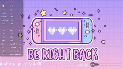 Media: A colorful digital illustration featuring a Nintendo Switch console with a pixelated heart pattern on a purple grid background. \"Be Right Back\" text in playful font. Left side shows a \"magic crystal\" interface.