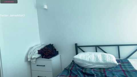 Media: Video of a minimalist bedroom with a white bed, black metal headboard, white pillow, and plaid blanket. White dresser holds a folded shirt and a jacket. Soft, natural light fills the room, emphasizing the clean, modern aesthetic.