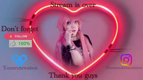 Media: A video features a pale-skinned woman with pink hair, wearing a black dress, framed by a pink heart-shaped neon sign. Text overlays read \"Stream is over,\" \"Don't forget,\" \"4 Follow,\" \"100%,\" \"I love you guys,\" and \"Thank you guys.\