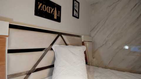 Media: Video of a minimalist bedroom with a white bed, beige headboard, and a textured marble wall. Two framed artworks hang above the bed, adding a touch of elegance.