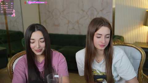 Media: Video of two young women with long hair, seated at a table in a cozy, dimly lit room with a green couch and floral wallpaper.