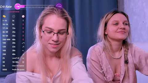 Media: Video of two women with fair skin, blonde hair, and glasses, wearing off-shoulder tops. Background includes a blue curtain and a computer screen with a \"Citrate\" logo.